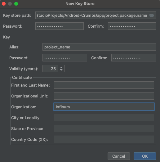 Creation of a new keystore file
