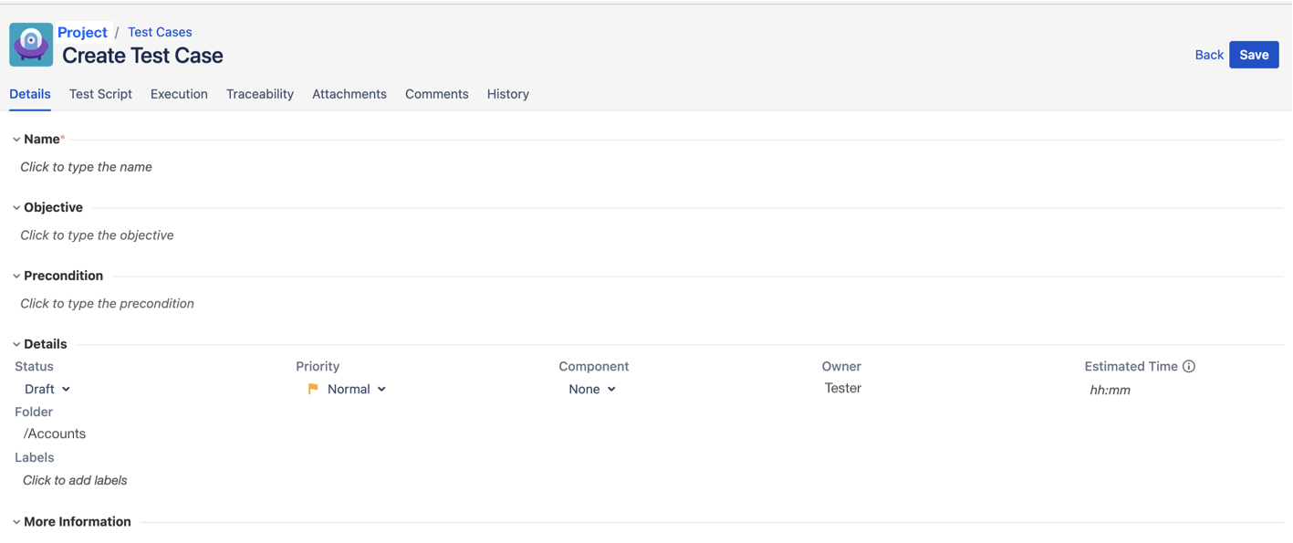 Create Test Case : Details tab