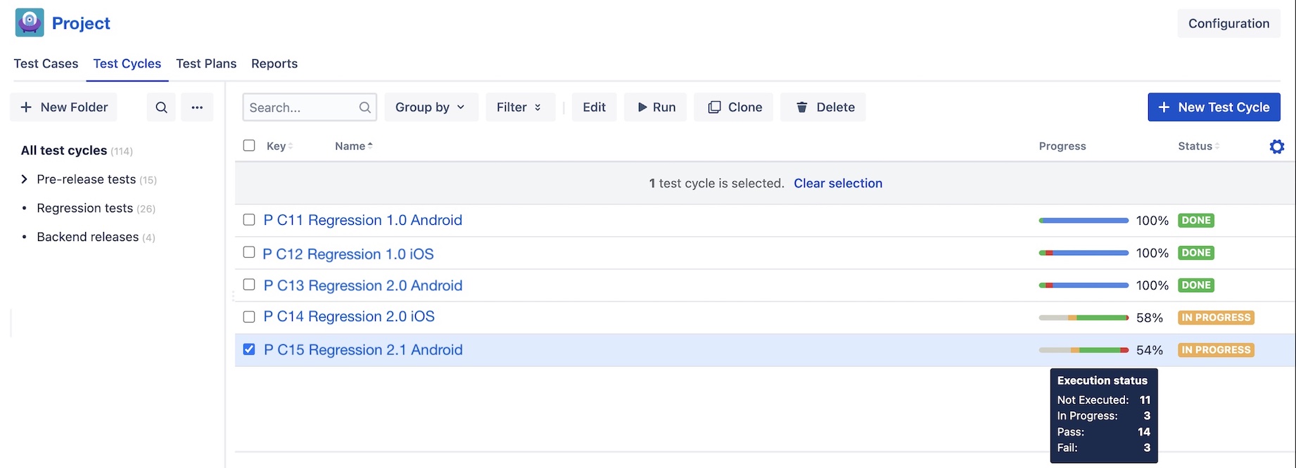Test library: Test Cycles view