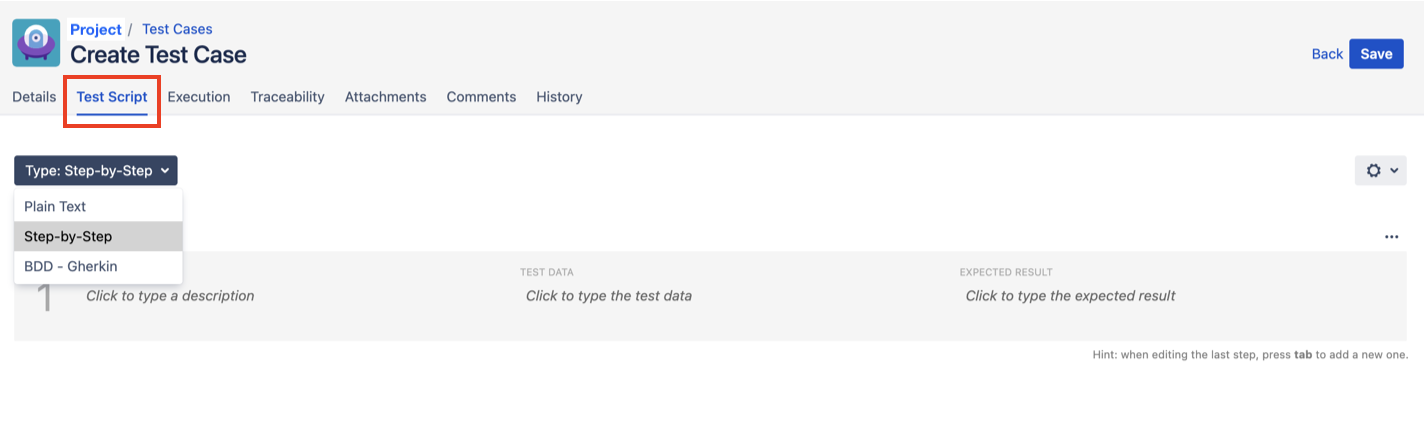 Create Test Case: Test Script tab